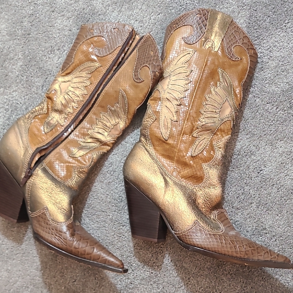 Stylish Brown and Gold Heeled Boots
